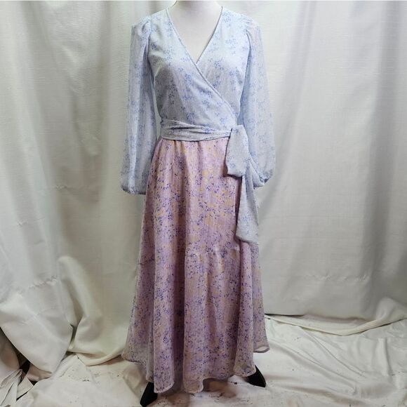 Ann Taylor Blue and Purple Floral Long Sleeve Wrap Dress Size 0 - Picture 2 of 13